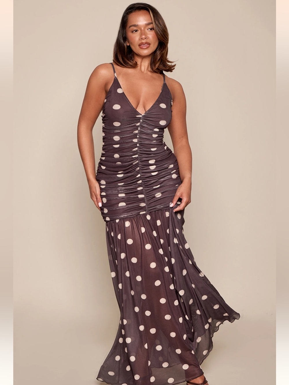 PrettyLittleThing Taupe Polka Dot Ruched Maxi Dress